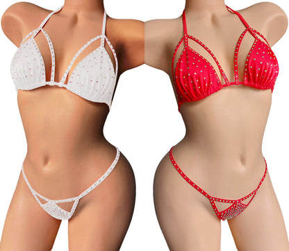 Rhinestone cutout bikini - 5 colors - Adjustable straps - AA to DD cup, XS to LG bottoms * Stripper bikini thongs exotic dancewear Pole