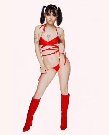 Diamond accent wraparound crisscross GUNSLINGER bikini and Whale Tail tie thong