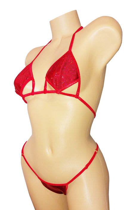 Sexy Harley Red Hologram cutout adjustable thong bikini –