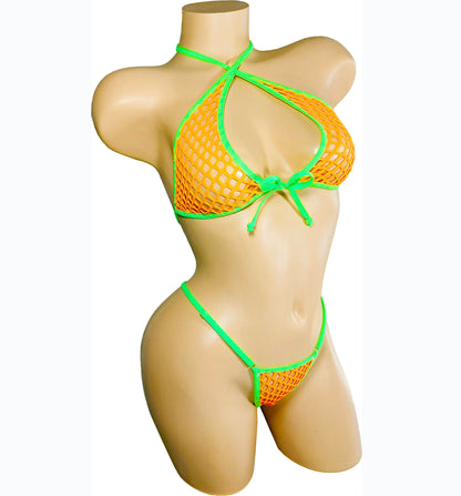 GLOW Neon Orange Fishnet bikini set.  Adjustable Thong fits 22" to 42" waist.