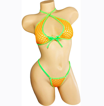 GLOW Neon Orange Fishnet bikini set.  Adjustable Thong fits 22" to 42" waist.