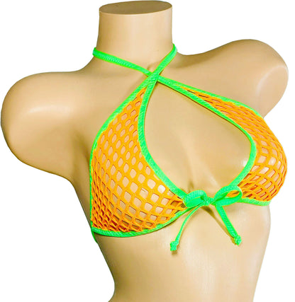 GLOW Neon Orange Fishnet bikini set.  Adjustable Thong fits 22" to 42" waist.