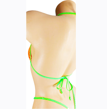 GLOW Neon Orange Fishnet bikini set.  Adjustable Thong fits 22" to 42" waist.