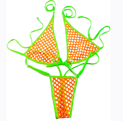 GLOW Neon Orange Fishnet bikini set.  Adjustable Thong fits 22" to 42" waist.