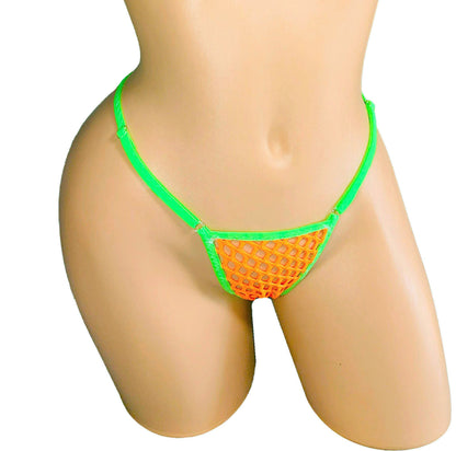 GLOW Neon Orange Fishnet bikini set.  Adjustable Thong fits 22" to 42" waist.