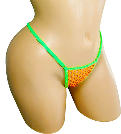 GLOW Neon Orange Fishnet bikini set.  Adjustable Thong fits 22" to 42" waist.