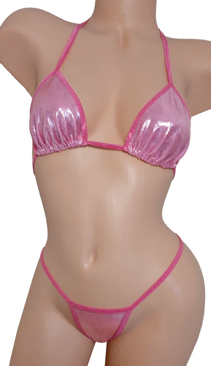 Pink shimmer hologram adjustable thong bikini