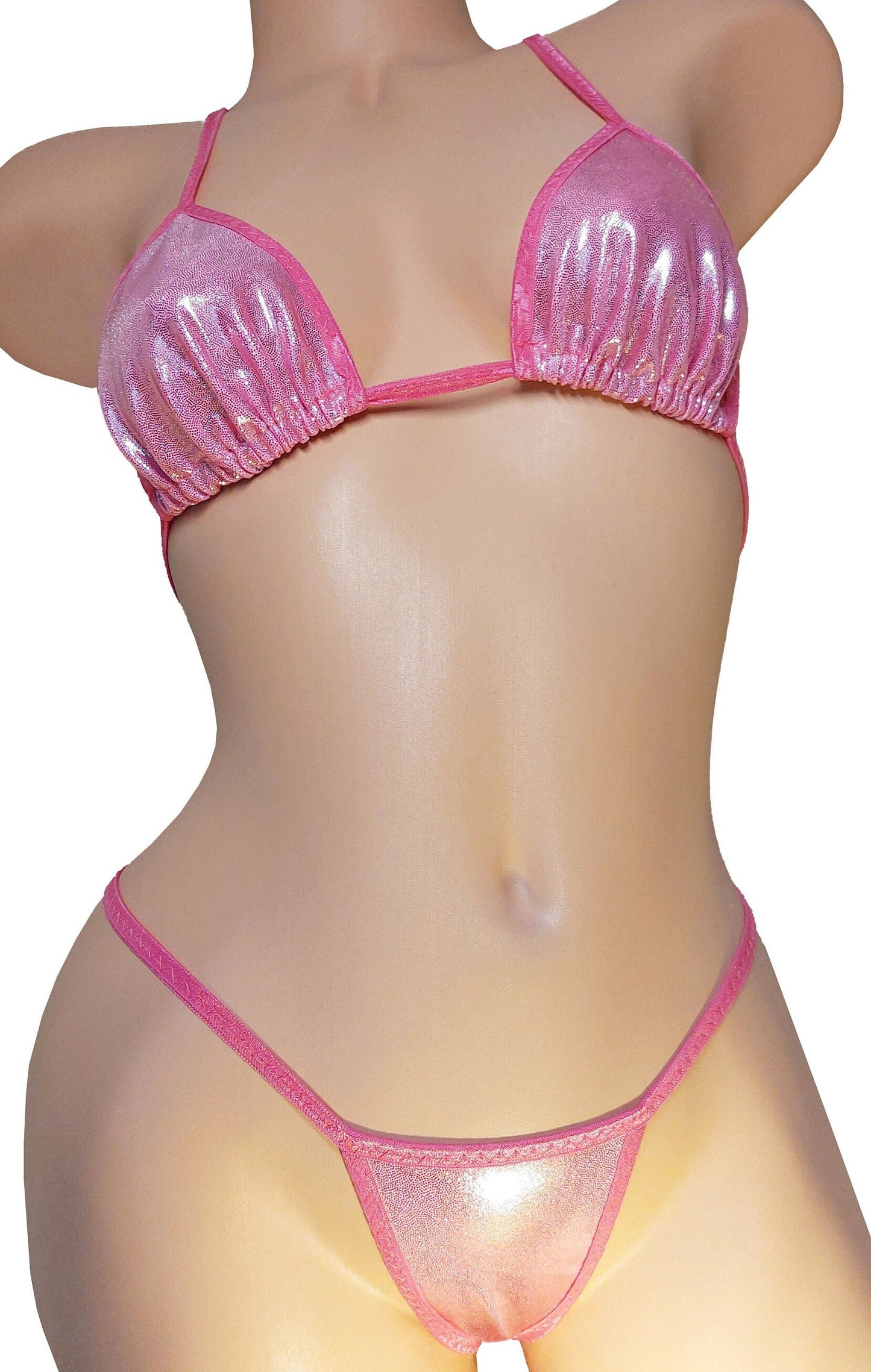 Pink shimmer hologram adjustable thong bikini