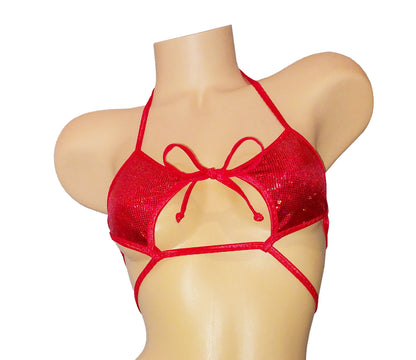 Red Hologram ADJUSTABLE strap thong bikini - Exotic dancer wear Sexy Rave Stripper outfits