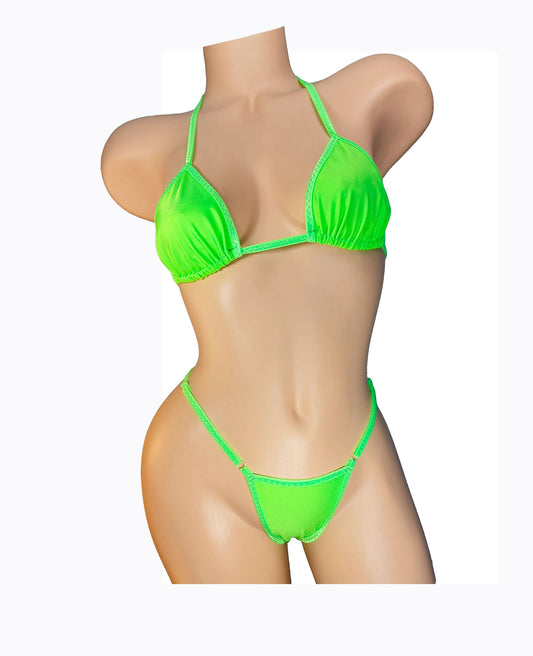 Neon Green ADJUSTABLE waist thong bikini GLOWS in Black Light! Designs for Exotic dancer wear Sexy Cute rave and Stripper outfits –