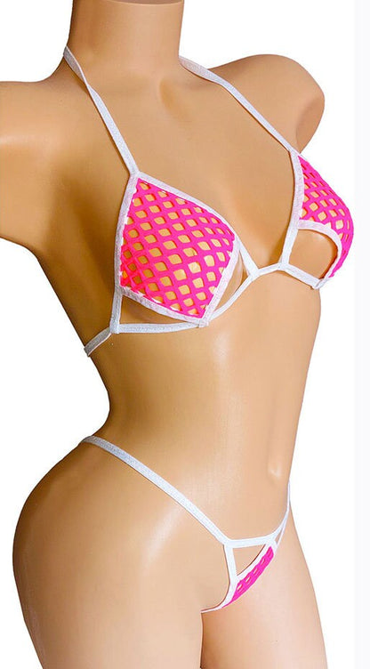 Pink & White Fishnet! Adjustable waist thong, Cup sizes AA to DD. Exotic dance, pole dance and stripper bikinis