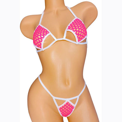 Pink & White Fishnet! Adjustable waist thong, Cup sizes AA to DD. Exotic dance, pole dance and stripper bikinis