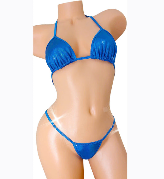 Blue Shimmer Rhinestone accent ADJUSTABLE Thong Bikini - great for stripper outfits, cute rave clothes or exotic dancer wear
