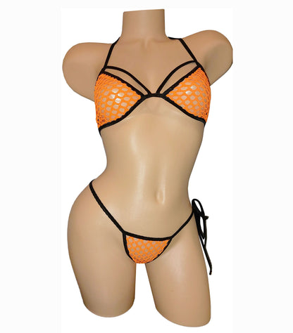 Neon Fishnet Fully Lined Set:  Adjustable tie side thong & strappy bikini top -