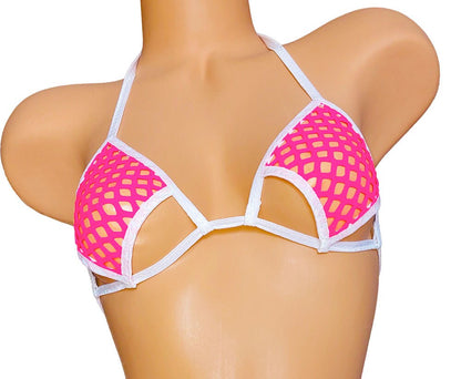 Pink & White Fishnet! Adjustable waist thong, Cup sizes AA to DD. Exotic dance, pole dance and stripper bikinis