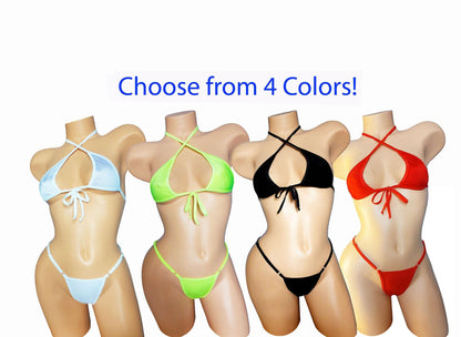 Glows in Black Light - 4 Colors -  Halter top with Adjustable thong bikini Set