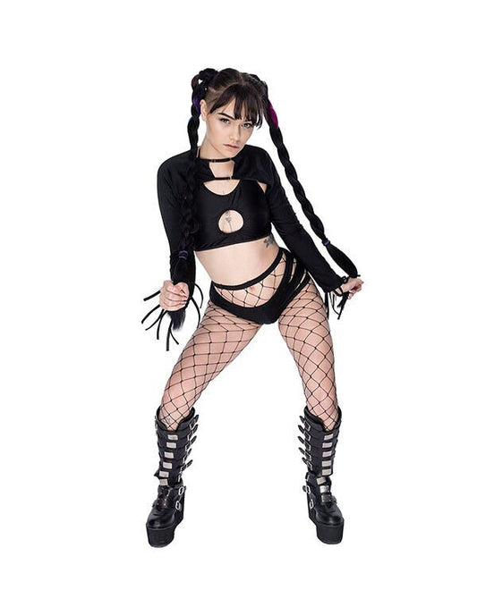 RAVE! Designer Set Slashed booty Shorts, Long sleeve adjustable Shrug, adjustable Scoop crop top