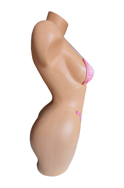 Baby Pink with Rhinestones - Tranparent Clear invisible elastic two piece string thong bikini Exotic dancewear Stripper Pole sexy fits