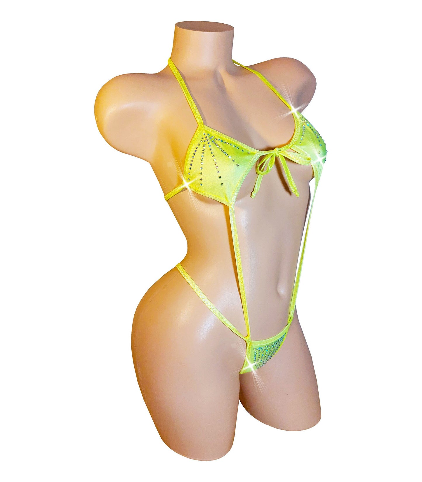 AA to DD cups - Glows in Black Light *The MARYJANE* Rhinestone one piece Thong Bikini in Yellow- 12 colors available - All straps adjustable