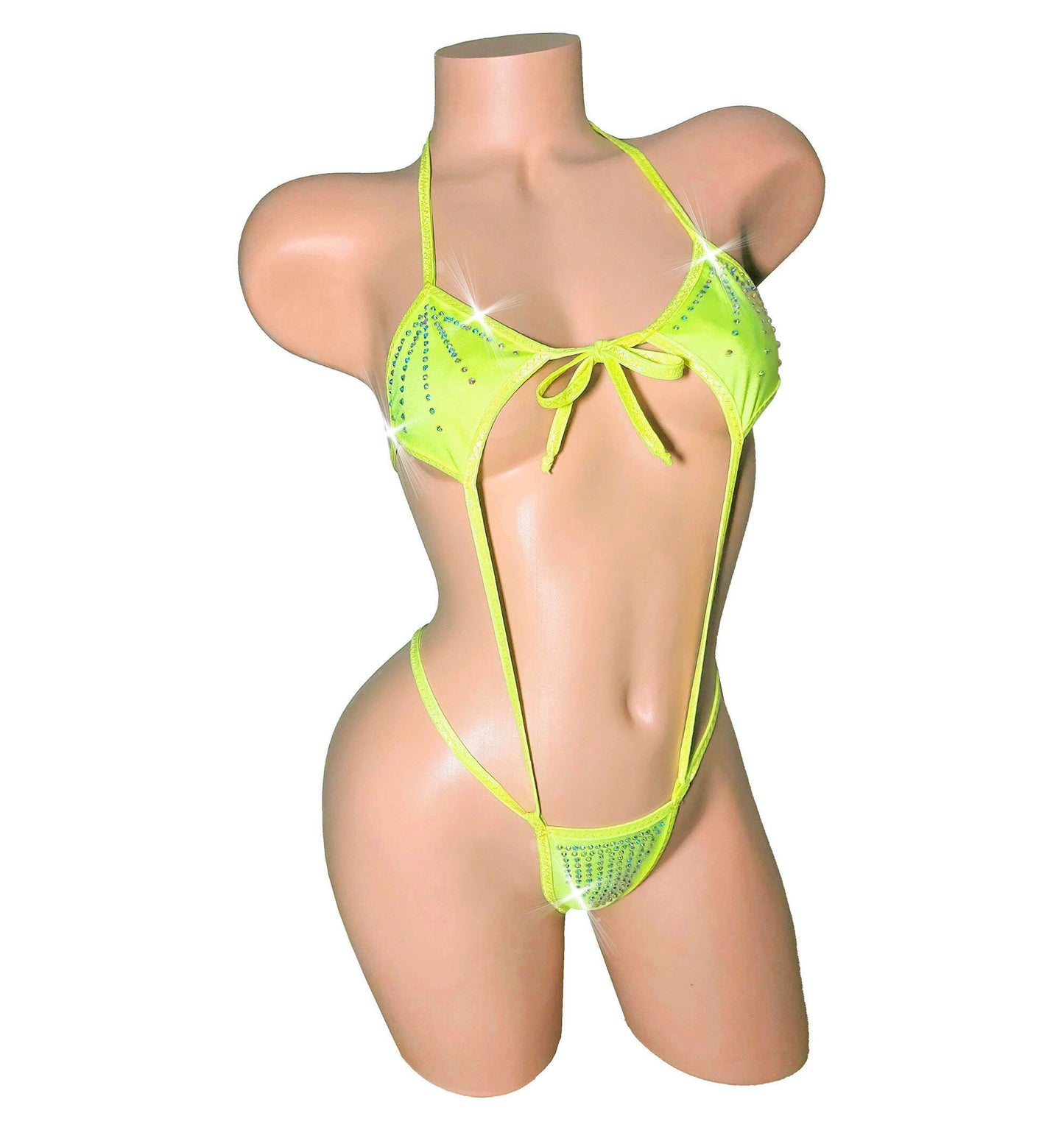 AA to DD cups - Glows in Black Light *The MARYJANE* Rhinestone one piece Thong Bikini in Yellow- 12 colors available - All straps adjustable