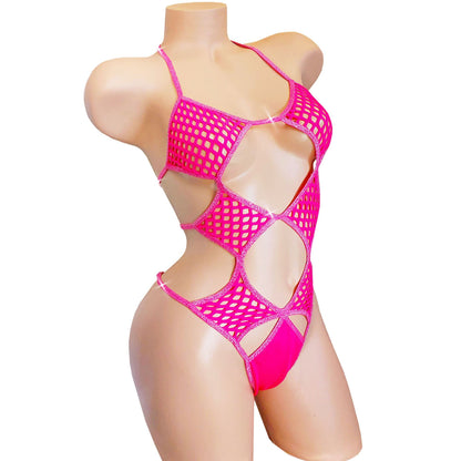 Hot Pink Fishnet One-Piece Thong Bodysuit