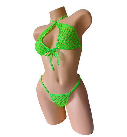 GLOWS in Black Light Neo Green Fishnet - 8 COLORS! 5 Cup sizes! Halter & Adjustable thong set! Rave outfits Stripper bikini Exotic dancewear