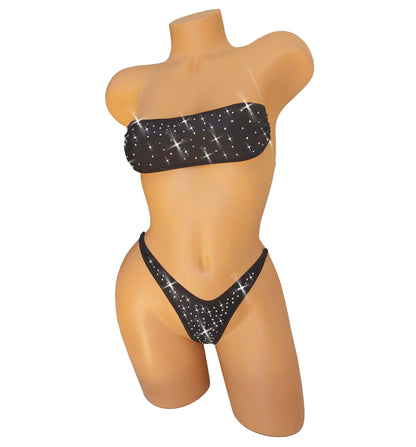 ILLUSION Rhinestone clear transparent elastic Bandeau top and thong