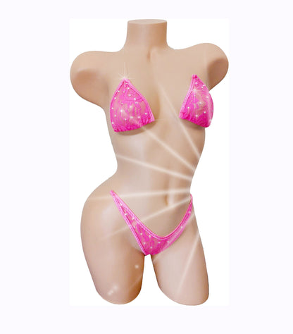 Hot Pink lace bikini with sparkling rhinestones and invisible straps on a curvy mannequin.