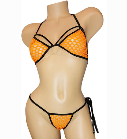 Neon Fishnet Fully Lined Set:  Adjustable tie side thong & strappy bikini top -