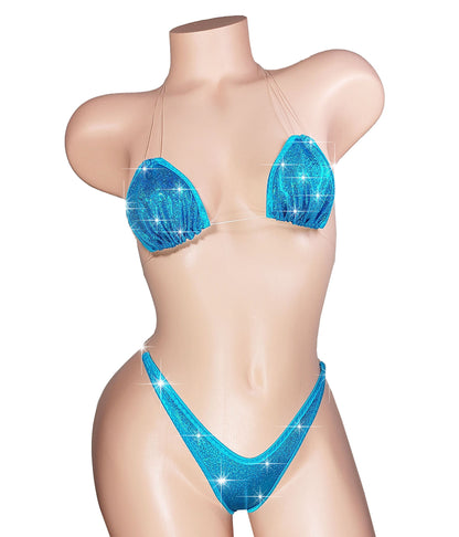 HOLOGRAM Sparkle in our Blue Hologram Adjustable Strap clear invisible elastic two piece thong bikini