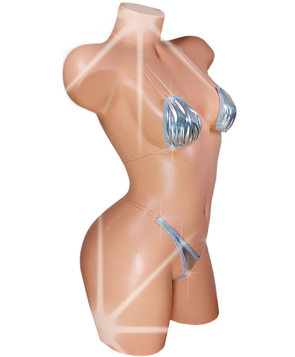 Silver Metallic Micro Illusion Bikini * Adjustable clear elastic straps-  Cup sizes AA - DD, Bottom Sizes XS - XL