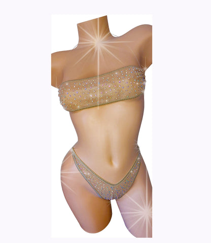 Fully lined STARDUST ILLUSION clear elastic RHINESTONE tube top with thong - all adjustable!