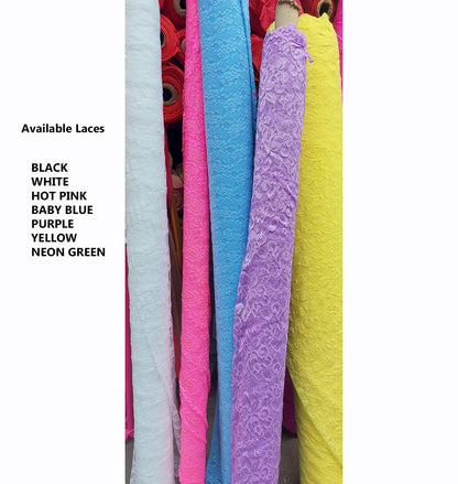 Bolts of lace fabric displaying multiple colors.