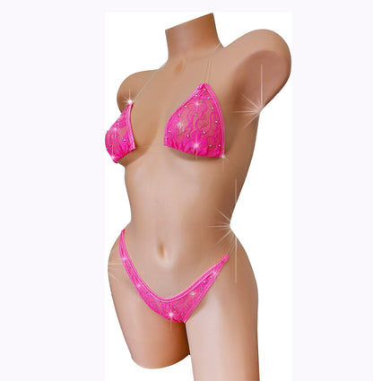 Hot Pink lace bikini with sparkling rhinestones and invisible straps on a curvy mannequin.