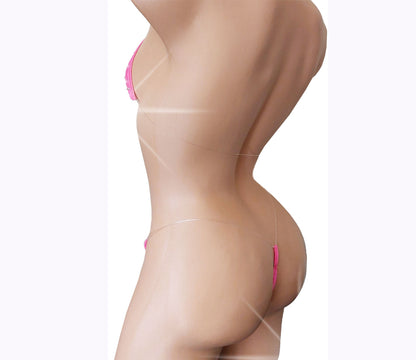 Hot Pink lace bikini with sparkling rhinestones and invisible straps on a curvy mannequin, rear view.