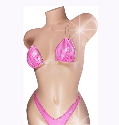 SweetTart Pink! Sparkle in our Adjustable Strap clear invisible elastic Sizes XS - XL two piece thong bikini