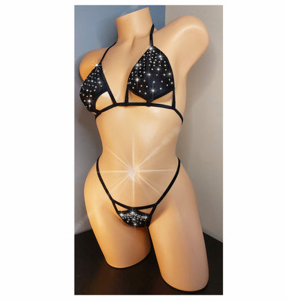 Sparkle in RHINESTONES! AA cup to DD cup. Adjustable Thong Bikini Unique Custom cutout Exotic dancewear Rave clothes & Stripper outfits Pole