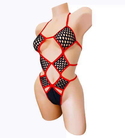 Stretchy Red & Black Adjustable Fishnet One-Piece * Cup sizes from AA to DD* Exotic dancewear Rave Stripper outfits