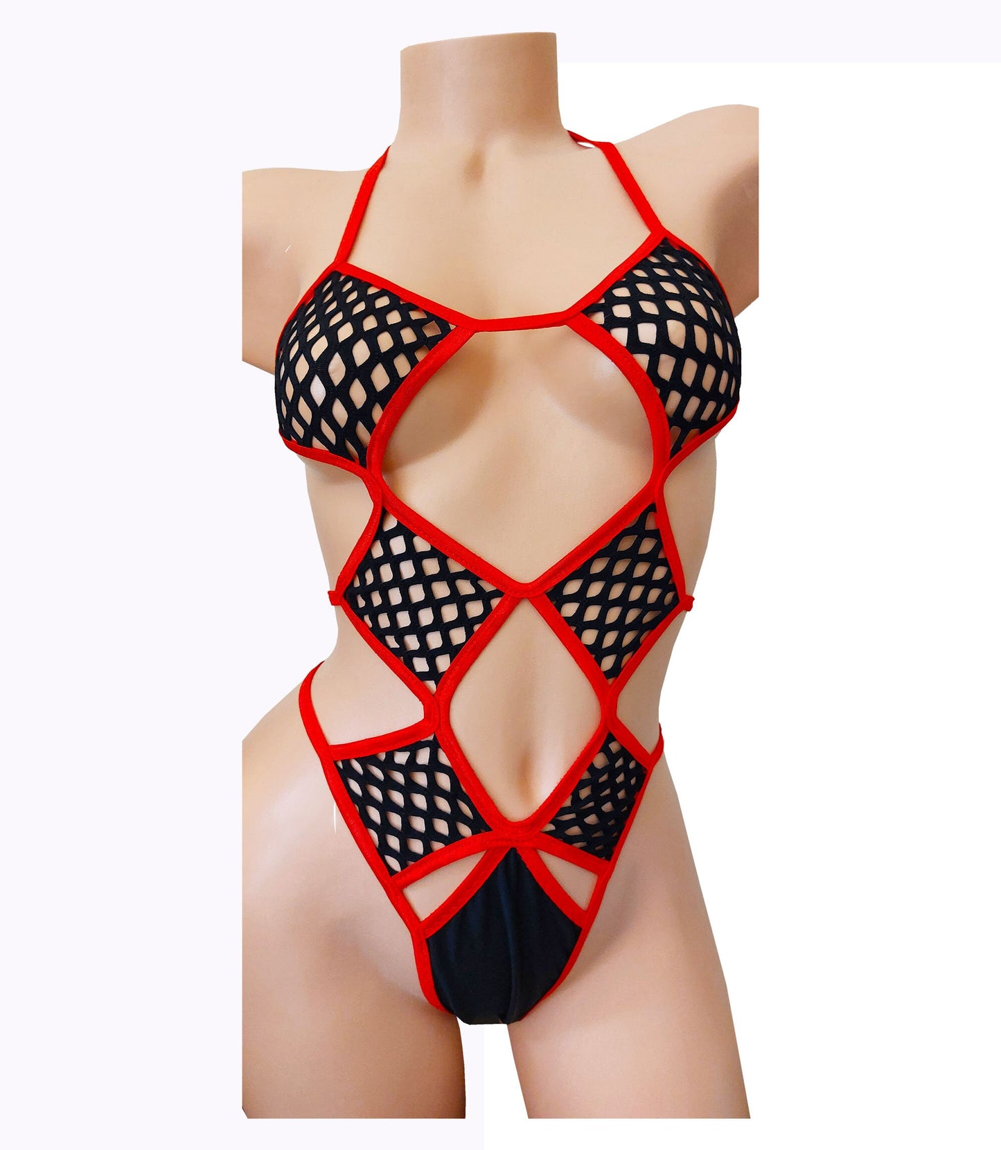 Stretchy Red & Black Adjustable Fishnet One-Piece * Cup sizes from AA to DD* Exotic dancewear Rave Stripper outfits