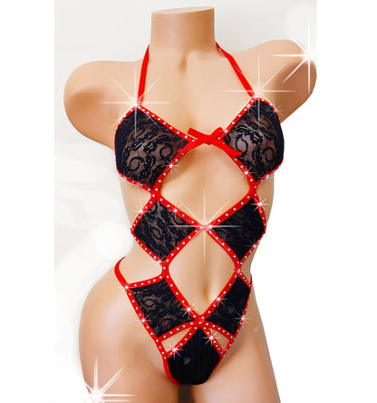 Seductive Black Lace & Rhinestones * Adjustable fishnet One-Piece with lining * Exotic Pole Dance Stripper outfits