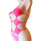 Hot Pink Coral Glows in Black Light! Stretchy, comfy One-Piece! ADJUSTABLE waist! Cup sizes from AA to DD. Shown in Hot Pink Coral.