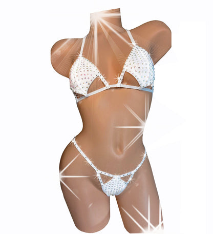 Sparkle Bridal White RHINESTONES! AA cup to DD cup. Adjustable cutout Thong Bikini. Exotic dancewear Rave clothes & Stripper outfits Pole