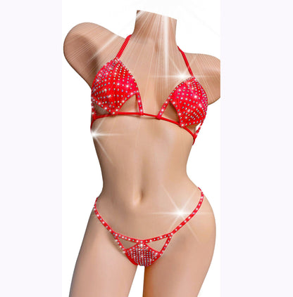 Sparkle in Red RHINESTONES! AA cup to DD cup. Adjustable cutout Thong Bikini. Exotic dancewear Rave clothes & Stripper outfits Pole