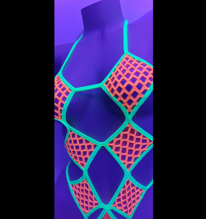 Glow in Black Light! Stretchy, comfy fishnet One-Piece * Exotic dancewear Rave Pole dance Stripper outfits