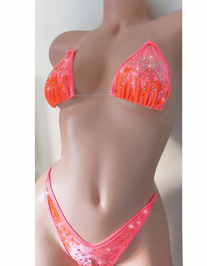 Orange Crush Velvet GLOWS in Black Light! Rhinestones!  5 sizes! Clear invisible elastic straps all ADJUSTABLE! exotic dancer stripper pole