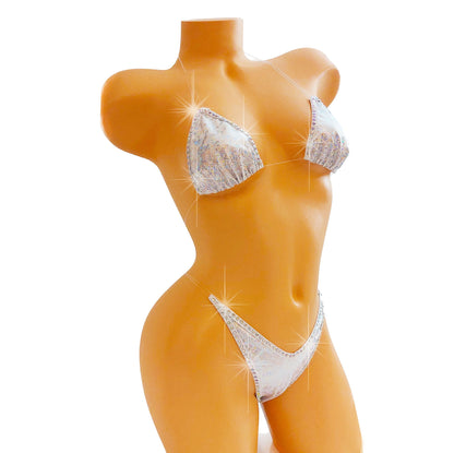 White Bridal Hologram * Wedding * Bachelorette Gift *Transparent clear elastic Rhinestone thong bikini